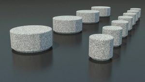 Banco Pilona de granito Gris Quintana. Macizos con cajeado en su contorno inferior.